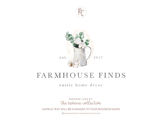 Eucalyptus Logo, Cotton Pitcher Jug Rustic Farmhouse Watercolor Home Decor Premade Logo Design