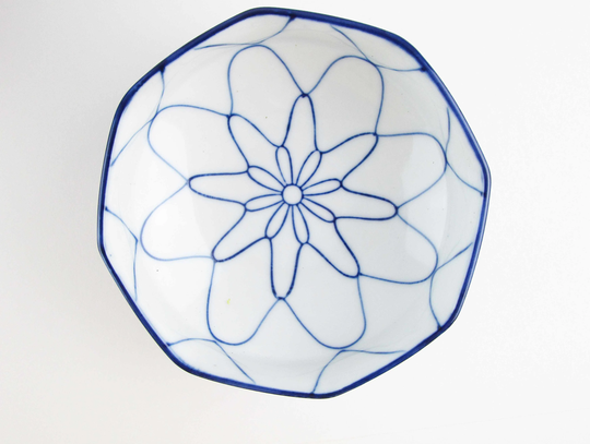 Japanese Bowl - Patterned Exterior Reverse Web Design Porcelain Cobalt Blue On White Left W/Flowers Is Sold