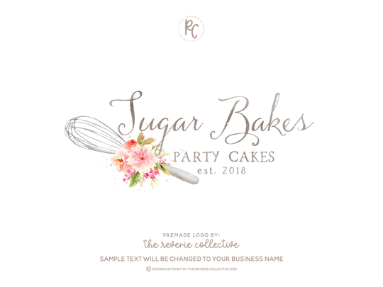 Whisk Logo, Baking Bakery Watercolor Floral Farmhouse Rustic Dessert Cooking Premade Logo Design