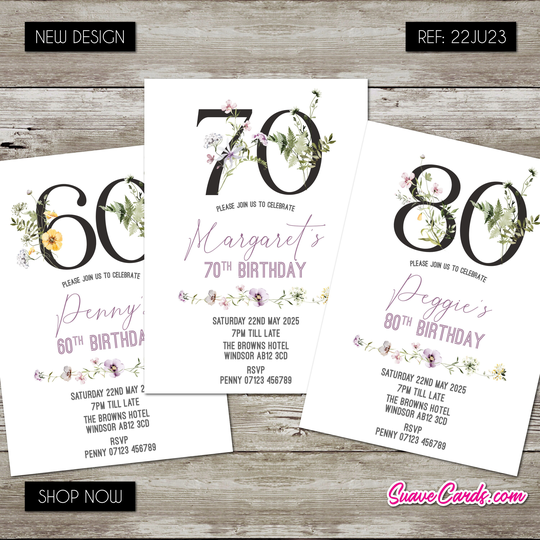Birthday Invitations Party Or Any Milestone Invites. Classic Wildflower Design For Any Age 40Th 50Th 60Th 70Th 80Th Anniversary Printed