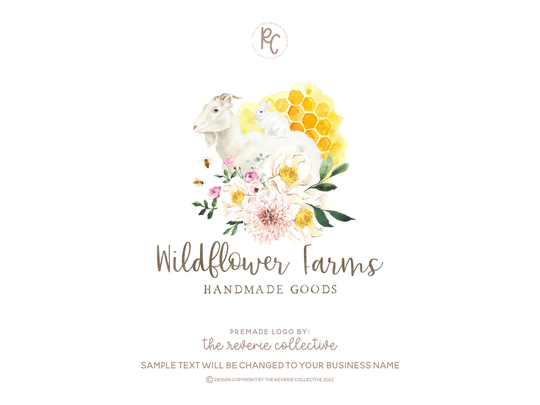 Goat Logo, Bunny Rabbit Farm Honey Bee Wildflower Watercolor Farmhouse Animal Premade Logo Design