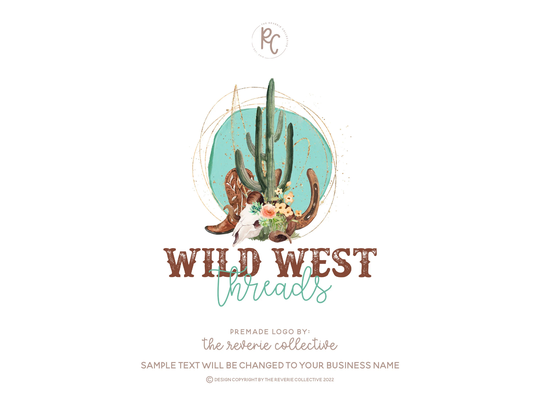 Cactus Logo, Desert Boho Cowboy Boot Cow Skull Horseshoe Western Floral Premade Logo Design