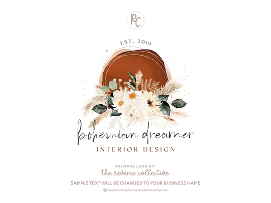 Boho Logo, Mid Century Bohemian Pampas Grass Daisy Watercolor Floral Home Decor Premade Logo Design