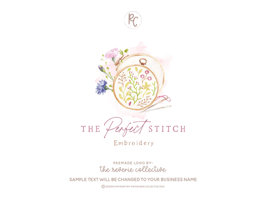 Embroidery Logo, Needlework Watercolor Floral Craft Thread Feminine Pastel Premade Logo Design