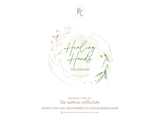 Hands Logo, Eucalyptus Botanical Health Branch Greenery Gold Foil Holistic Premade Logo Design