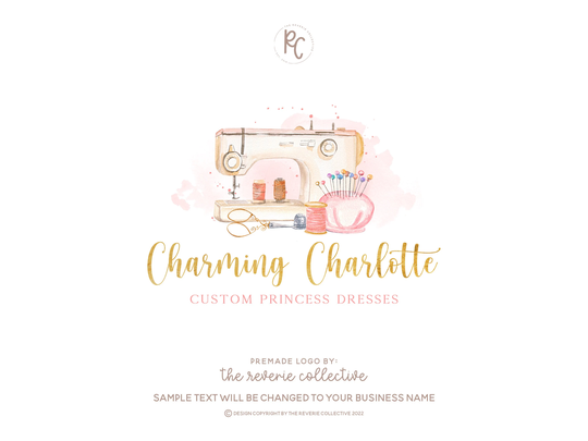 Sewing Machine Logo, Spool Thread Needle Scissors Embroidery Watercolor Craft Premade Logo Design