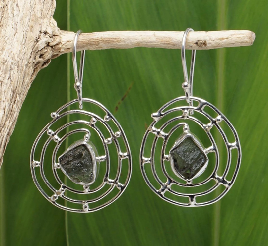 sterling Silver #2 Round Web Dangle Earrings W Moldavite Space Crystal Hook