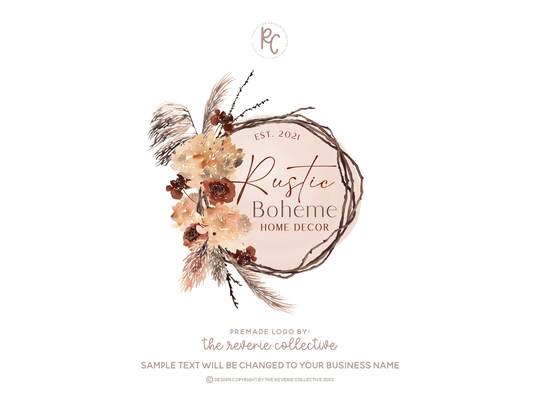 Rustic Logo, Boho Pampas Grass Bohemian Cottagecore Wood Wreath Floral Decor Premade Logo Design
