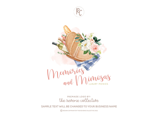 Picnic Logo, Charcuterie Baguette Food Wine Party Bread Watercolor Floral Premade Logo Design