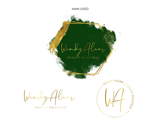 Green & Gold Logo, Watercolour Beauty Premade Logo Design, Boutique Jewelry Salon Modern Minimal