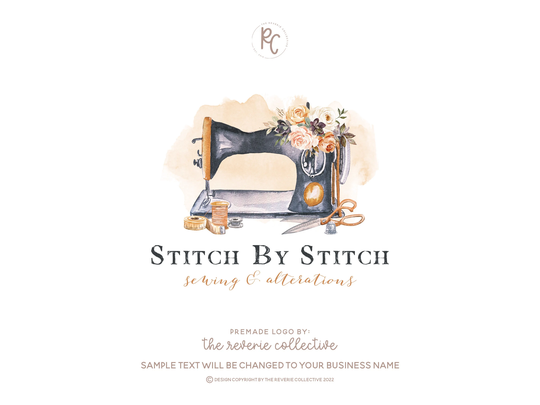 Sewing Machine Logo, Thread Needle Scissors Farmhouse Watercolor Floral Embroidery Premade Logo Design