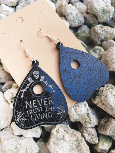 Never Trust The Living Ouija Board Planchette Earrings With Spider Web Design | Dangle Made From Black Acrylic Halloween Jewelry