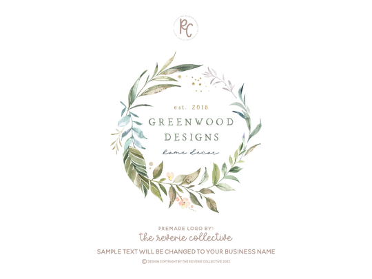 Green Wreath Logo, Botanical Watercolor Greenery Tropical Palm Frond Farmhouse Round Premade Logo Design