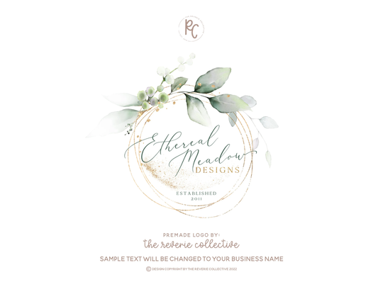 Botanical Logo, Gold Circle Watercolor Floral Greenery Eucalyptus Florist Nature Premade Logo Design