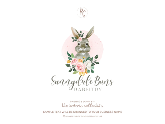 Bunny Logo, Rabbit Rabbitry Pet Animal Rescue Farm Watercolor Floral Farmhouse Premade Logo Design