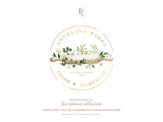 Bakery Logo, Rolling Pin Baking Nature Watercolor Farmhouse Kitchen Food Blog Premade Logo Design