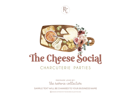 Charcuterie Logo, Cheese Board Retro Brie Olive Food Tapas Herb Catering Premade Logo Design