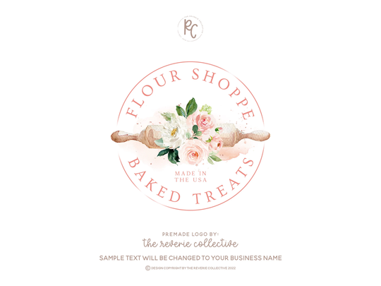 Bakery Logo, Rolling Pin Baking Girly Watercolor Floral Kitchen Food Feminine Premade Logo Design