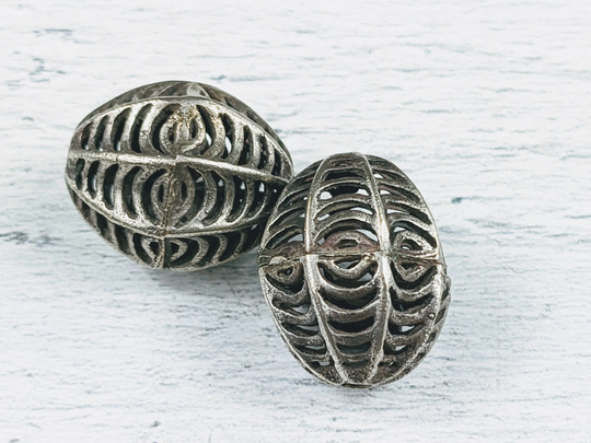 Antique Silver Webbed Design Ornate Melon Beads, 14x19mm, 2Pcs