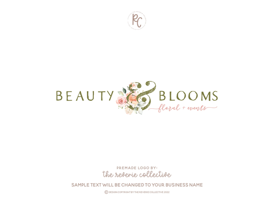 Ampersand Logo, Watercolor Floral Wedding Whimsical Florist Feminine Boutique Premade Logo Design