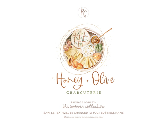 Charcuterie Logo, Cheese Board Honey Brie Herb Food Apricot Olive Fruit Premade Logo Design