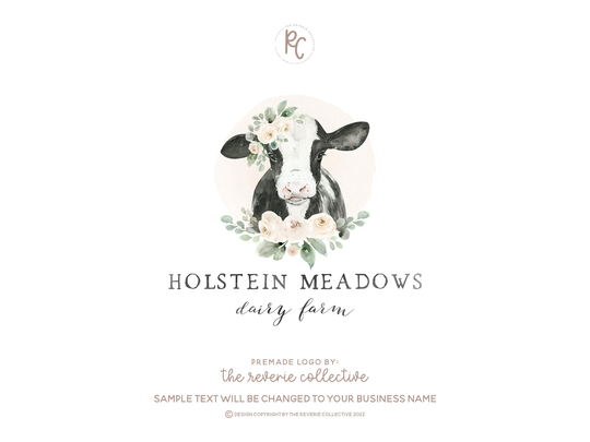 Cow Logo, Dairy Farm Watercolor Country Farmhouse Animal Ranch Calf Premade Logo Design