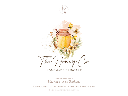 Honey Logo, Bumble Bee Honeybee Skincare Farmhouse Soap Watercolor Floral Premade Logo Design