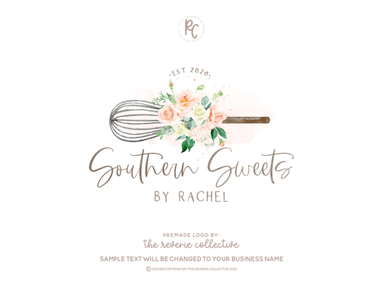 Whisk Logo, Baking Bakery Kitchen Watercolor Floral Farmhouse Rustic Cooking Premade Logo Design
