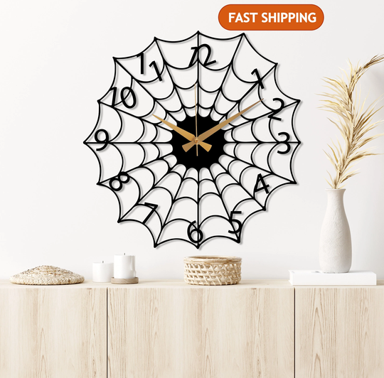 Black Modern Metal Wall Clock, Spider Web Design Cute Silent Clock Art, Unique Large Horloge Murale, Wanduhr