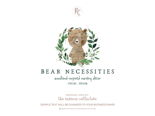 Teddy Bear Logo, Childrens Kids Woodland Forest Nursery Watercolor Botanical Premade Logo Design