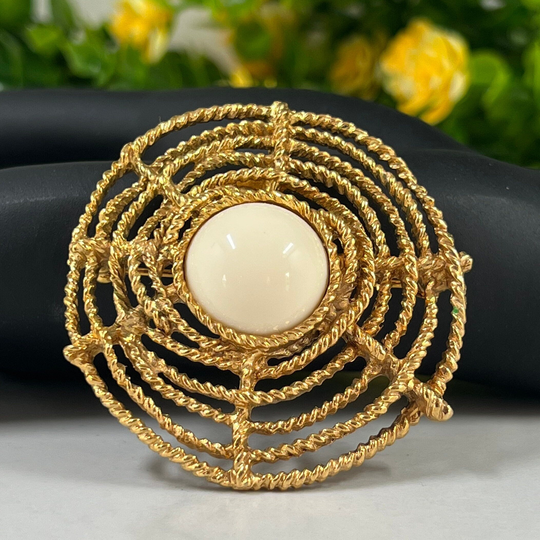 Vintage Large Designer Carol Dauplaise Gold Spider Web Coiled Rope Pendant Brooch R127