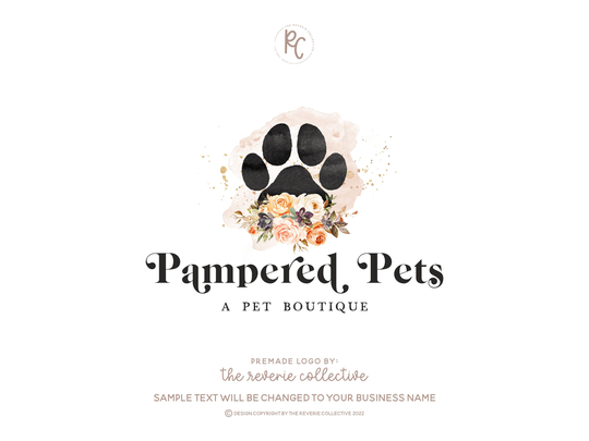 Paw Print Logo, Dog Pet Boutique Boho Animal Veterinarian Bohemian Floral Premade Logo Design