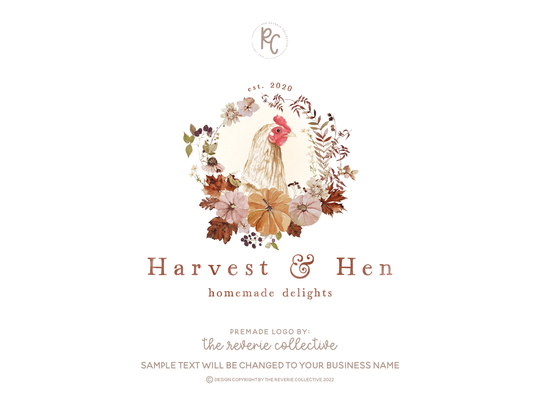 Chicken Logo, Hen Floral Wreath Maple Pumpkin Farm Watercolor Farmhouse Animal Premade Logo Design