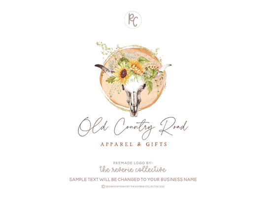Cow Skull Logo, Sunflower Western Boho Farmhouse Country Rustic Bohemian Premade Logo Design