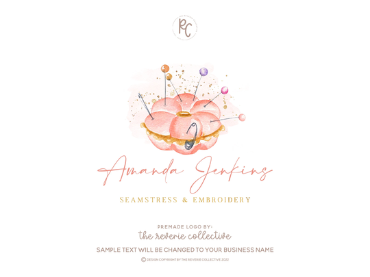 Pin Cushion Logo, Needle Seamstress Sewing Embroidery Watercolor Craft Thread Premade Logo Design