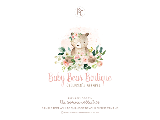 Bear Logo, Childrens Kids Watercolor Floral Newborn Baby Woodland Animal Premade Logo Design