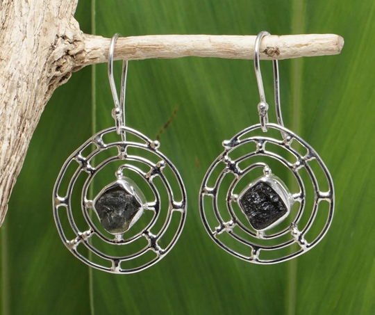 sterling Silver #4 Round Web Dangle Earrings W Moldavite Space Crystal Hook