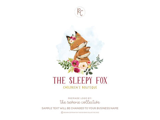 Fox Logo, Children's Kids Woodland Forest Animal Nursery Watercolor Floral Premade Logo Design