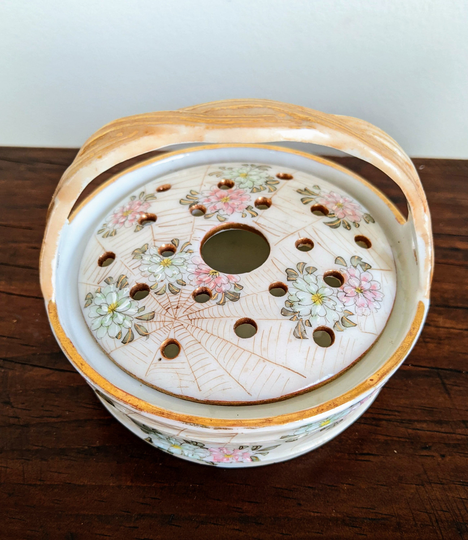 Antique Porcelain Potpourri Basket Small Hand Painted Flowers Spider Web Decor