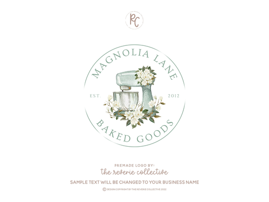 Bakery Logo, Mixer Baking Magnolia Watercolor Floral Kitchen Cake Farmhouse Premade Logo Design