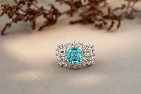 4Ct Aqua Blue Gemstone Webbed Design Ring, Genuine Diamond Netted 14K Solid Gold, Birthstone Rings, Gift For Her