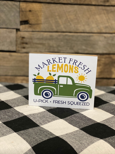 Market Fresh Lemons Truck Wooden Block Sign, Home Decor, Lemon Tiered Tray Summer Mini Sign