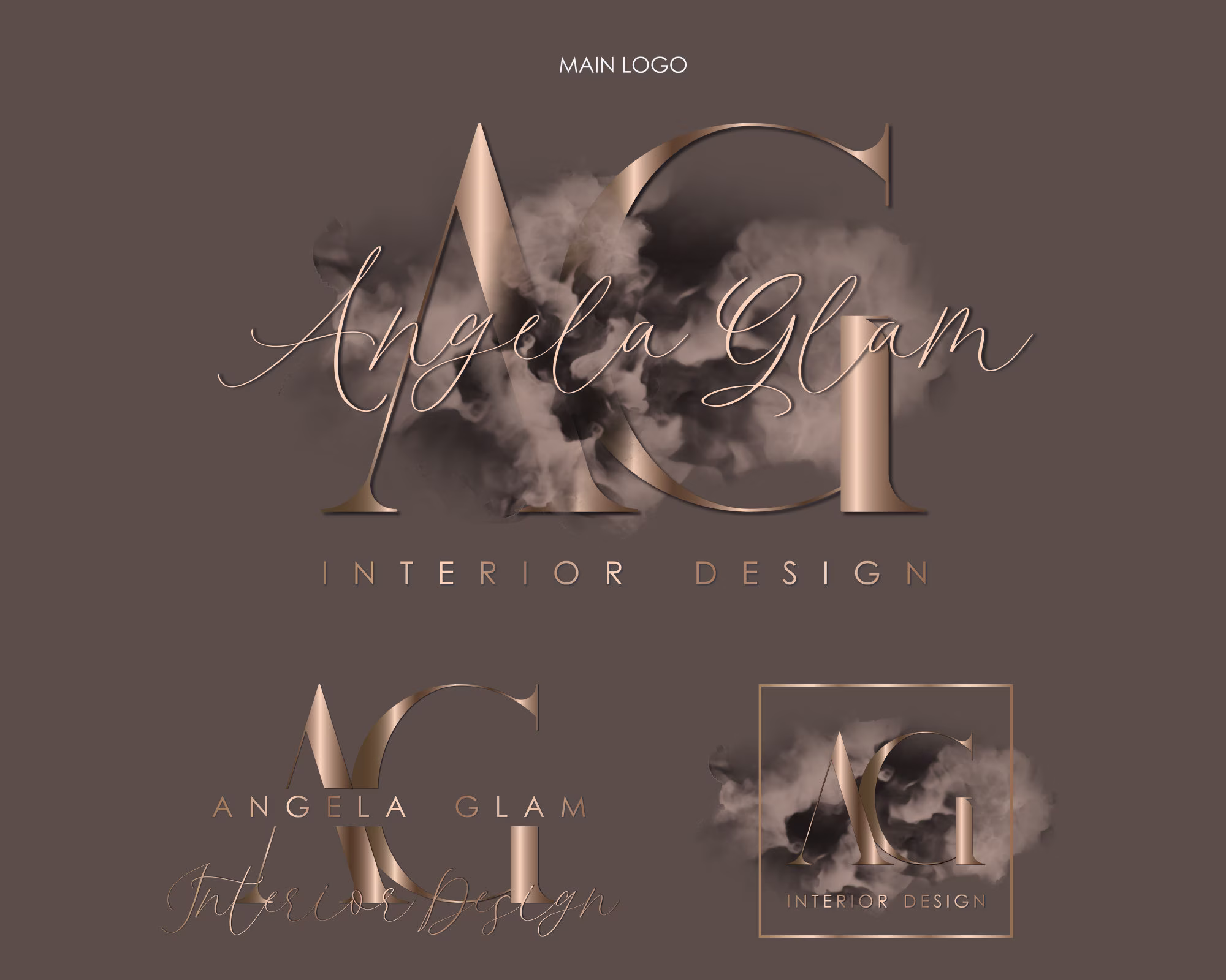 Watercolour Rose Gold Logo, Premade Logo Design, Smoke Beauty Brow Lash Interior Design Nail Signature