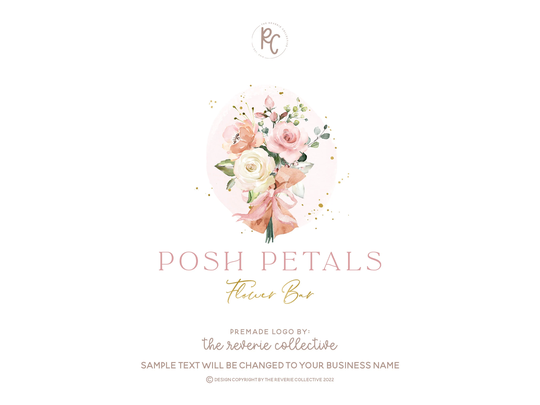 Flower Bouquet Logo, Rose Watercolor Floral Wedding Florist Feminine Event Planner Premade Logo Design
